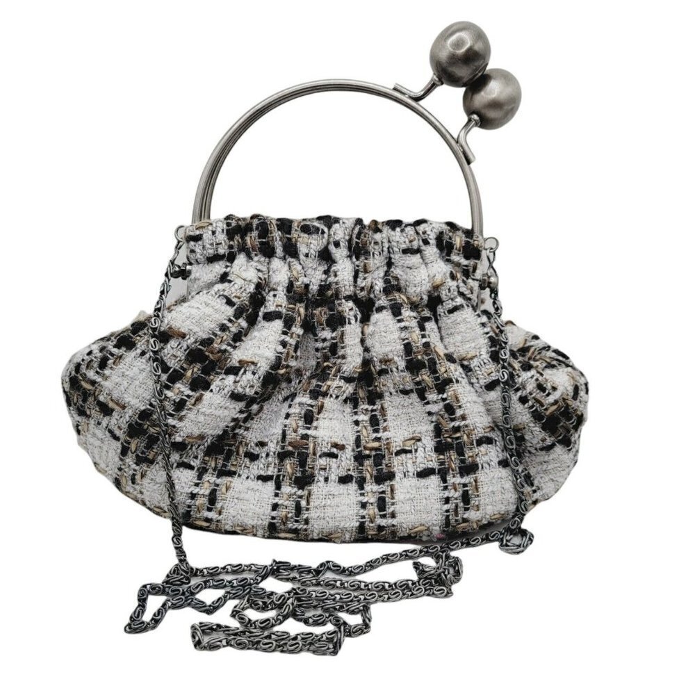 Vintage Jessica McClintock Tweed Handbag Purse Kiss Lock White Black Brown Small